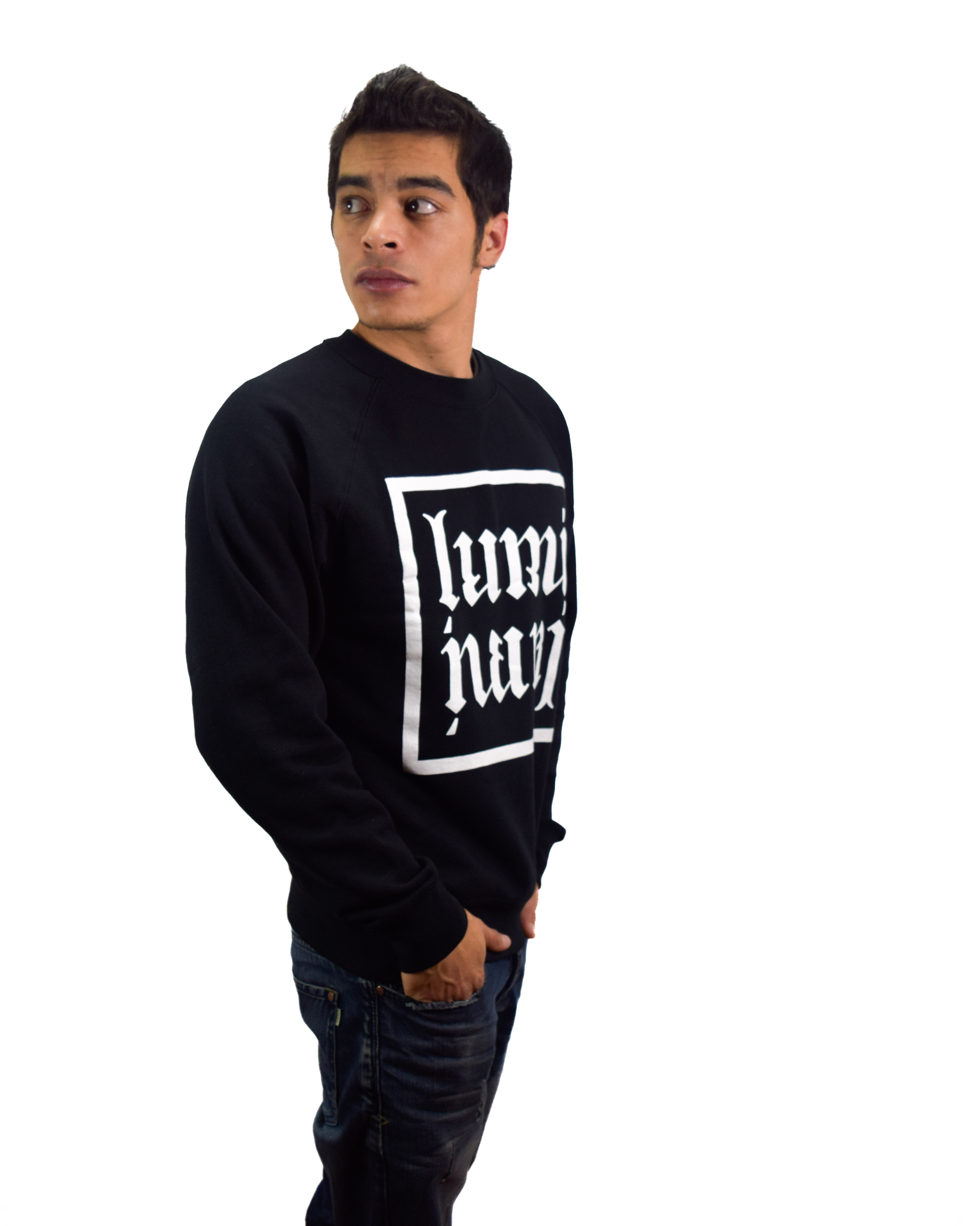 Model wears the original black Luminari crewneck from 2016